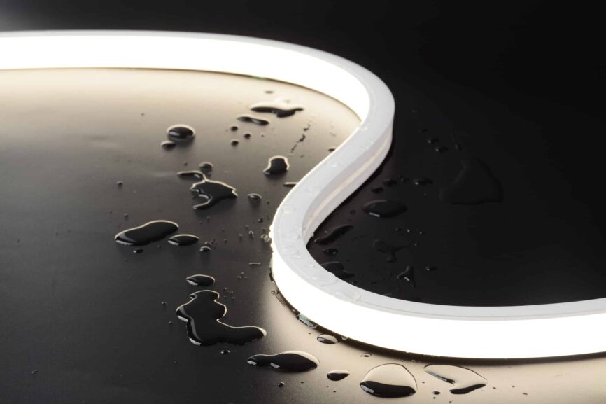 Top‑bend silicone LED neon flex strip RLLNFTB2016 on curved staircase installation