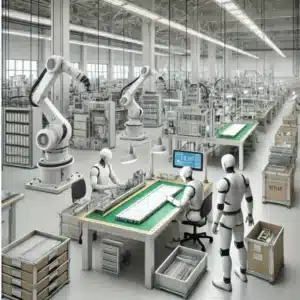 Modern OEM lighting manufacturing facility with technicians and robotic arms working on LED components in a clean, organized industrial space